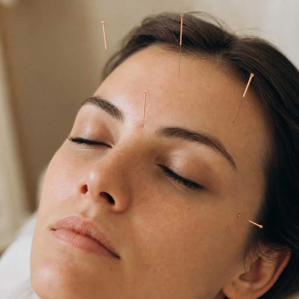Facial acupuncture needle detail along the cheek and jawline during a rejuvenation session