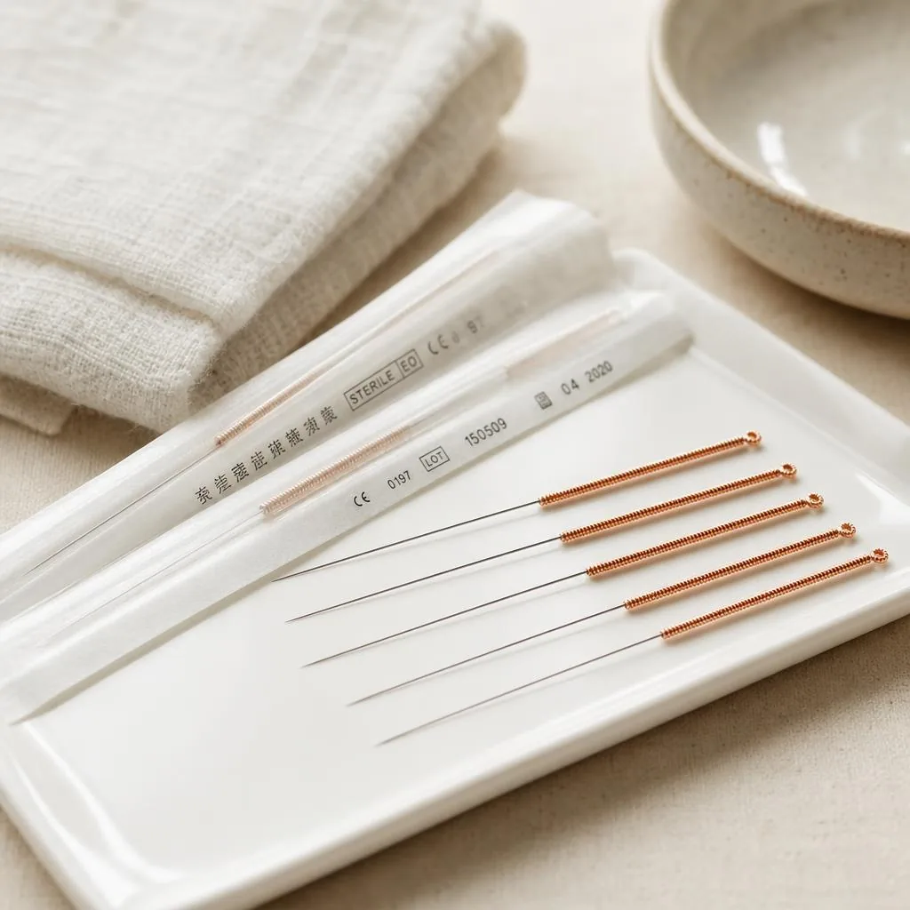 Sterile single-use acupuncture needles, opened in front of you at the start of every session