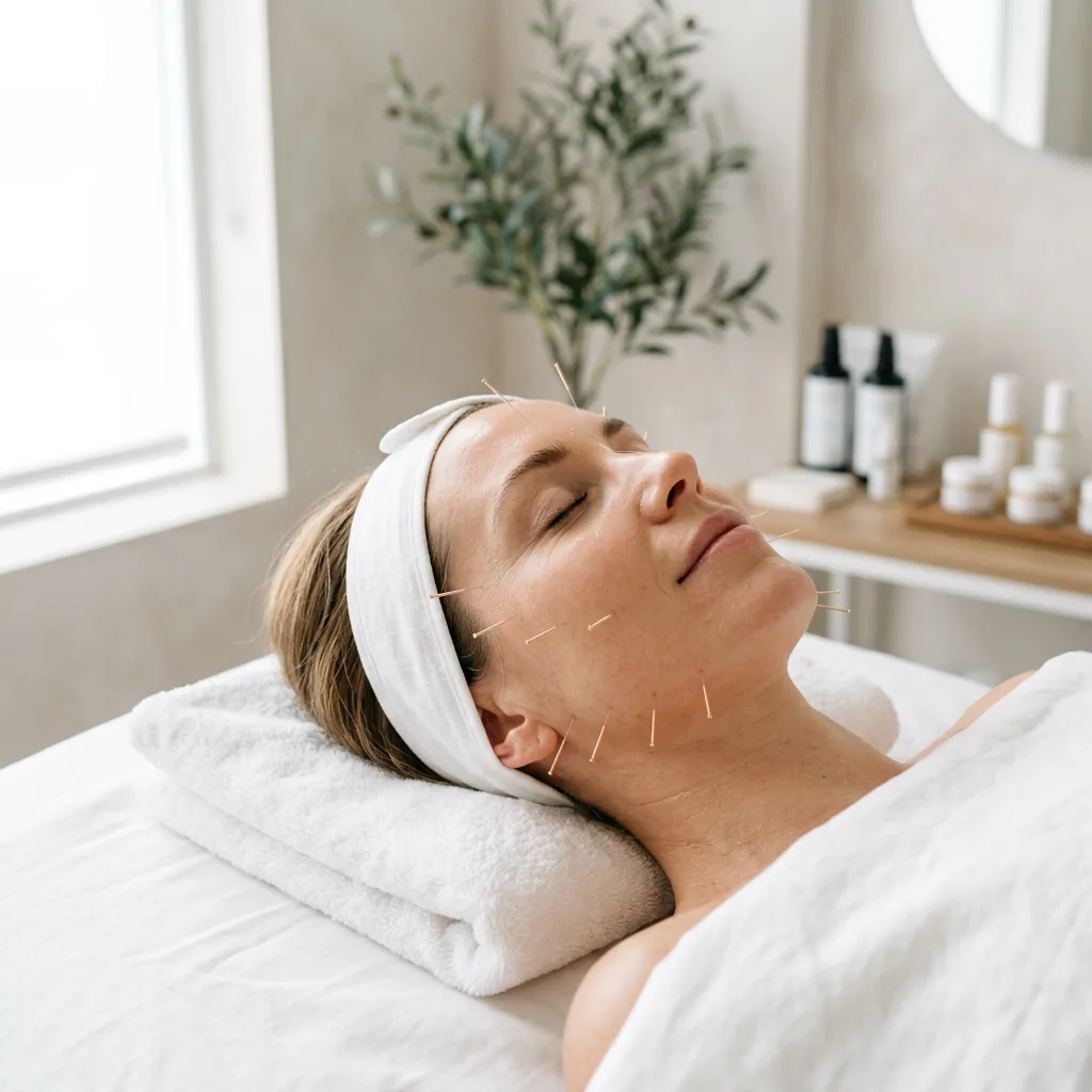Full facial rejuvenation acupuncture session in progress at our Midtown Manhattan clinic