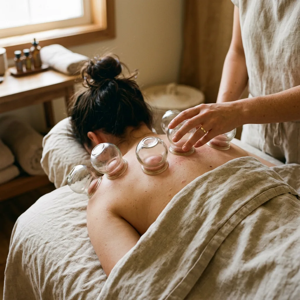Glass cupping set along the back, usually added onto an acupuncture session