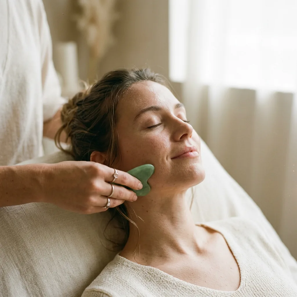 Jade gua sha tool sculpting along the jawline during a facial treatment in Manhattan