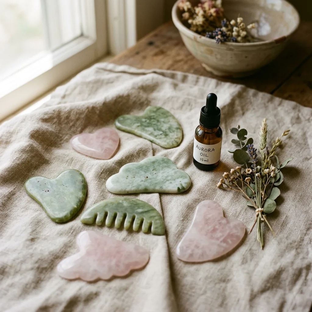 Stone gua sha tools laid out on the apothecary counter at our West 57th Street clinic