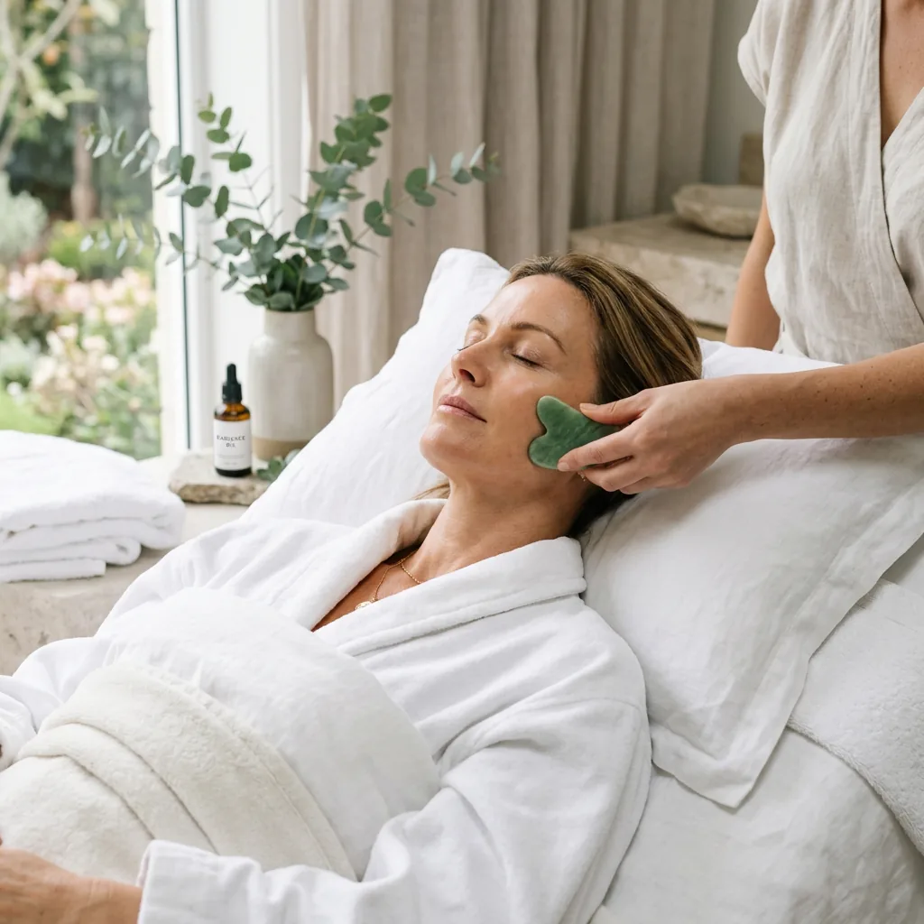 Facial gua sha lifting technique used to finish a rejuvenation session